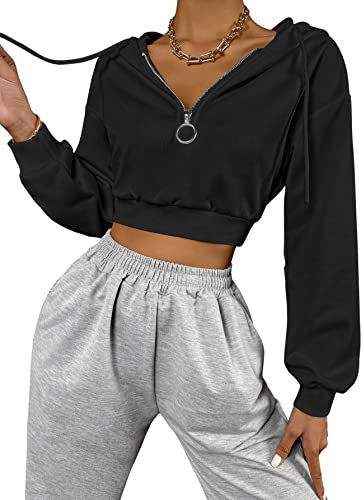 GORGLITTER Damen Crop Kapuzen Pullover Hoodie Sweatshirt mit Halbem Zip Bauchfrei Herbst Kapuzenpullover Schwarz S
