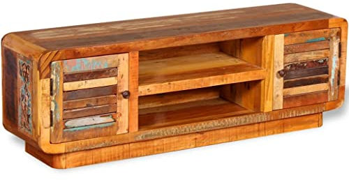 homiuse TV-Schrank Altholz Massiv 120x30x40 cm Tv Kommode Sideboard Wohnzimmer Tv Lowboard Wohnzimmertisch Tv Board Fernsehtisch Antik-Stil Komplett Handgefertigt 2 Offenem Fach&2 Fach mit Tür