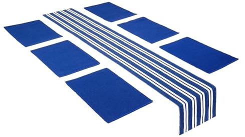 Encasa Homes Esszimmer-Set (6 Tischsets + 1 Tischläufer) | Franca Blue | Fein gerippte Baumwolle | Moderne Farben und Designs, Verwendung zu Hause, in Cafés, Restaurants und Hotels – maschinenwaschbar