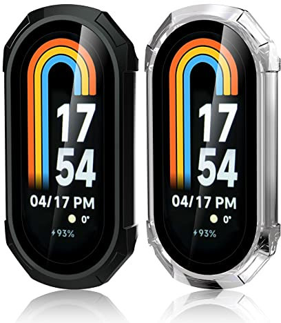 Simpeak 2 Piezas Funda Compatible con Xiaomi Mi Band 8, PC Protección Completa Marco Protector con Cristal Templado, Protector de Pantalla Compatible para Mi Band 8 - Negro/Transparente