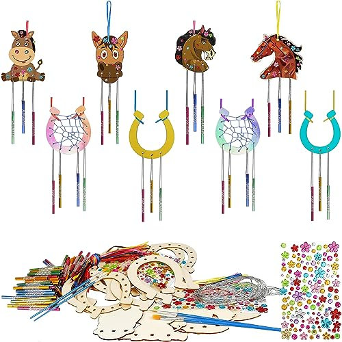 Plstod 8 Stück Windspiel Bastelset, Pferd Windspiel Basteln + Holz Hufeisen Windspiele Basteln, Kindergeburtstag Windspiel Holz für Geburtstag Gekritzel Bastelset Mit Hanfseil, Malpinseln