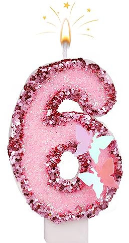 SAVITA 7cm Geburtstag Nummer Kerzen, Glitzernde Zahlenkerze Rosa Zahlenkerzen Kuchenaufsatz Schmetterlings-Geburtstagskerzen mit Pailletten für Jubiläumsfeiern (Nummer 6), I04001-10