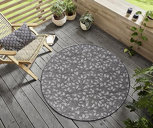Hanse Home Twig Nature In- und Outdoor Teppich Rund – Runder Outdoorteppich Zweig Muster Wetterfest Flachgewebe Außenteppich für Wohnzimmer, Flur, Terrasse, Garten, Balkon – Creme Schwarz, 120cm
