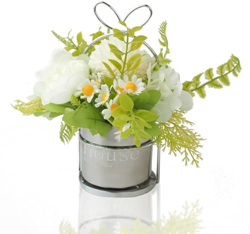 Leixi Artificial Flowers with Pots,Artificial Plants in Shining Pot Silk Fake Flower Arrangements Indoor Outdoor Flowers Wedding Garden Decor (White)