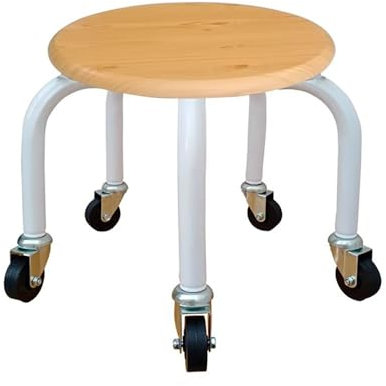 POPHOP Tabouret Bas avec 5 Roues, Grain de Bois Tabouret à roulettes Pied Bas, Siège Faible Métal Piétement, Banc Rond universelles pour Le Bureau à Domicile ou Le Fitness - Noir/Blanc