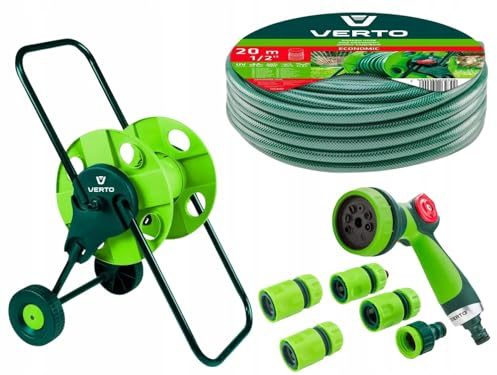 VERTO Schlauchwagen mit Schlauch 1/2 Zoll 20 m + Wasserspritze | + 3 x Schlauchverbinder, Wasserstop, Hahnverbinder, Gartenbewässerung Komplettes Starterset