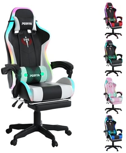 PORIYA Gaming Chair with Adjustable Backrest, Ergonomic Executive Office Chair, Height Adjustable Racing Chair Maximum Gaming Experience (White Massage&LED)