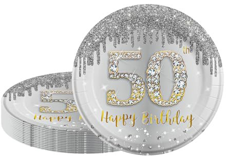 50th Birthday Paper Plates,16Pack Sliver and Gold Paperplates,7 inch Party Plates Small Paper Plates Plain Paper Plates for Girls,Boys,Kids,Her 50th Birthday Gifts Party Supplies Table Decorations