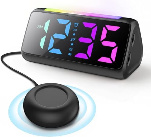 Loud Alarm Clock for Heavy Sleepers, Vibrating Alarm Clocks with Bed Shaker, Night Light, RGB Display, Brightness Dimmer, Vibration Alarm Clock Bedside for Hearing Impaired Deaf People