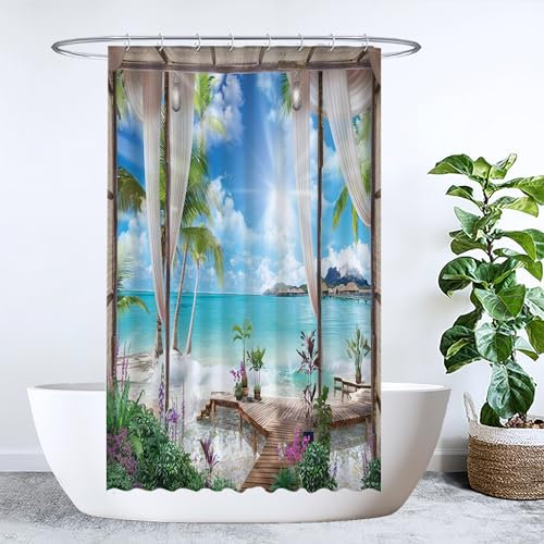 Ulticool Rideau de Douche - Motif Plage mer Nature - 120 x 200 cm - Lavable - Anti-moisissure - 8 Anneaux - Bleu Blanc Vert