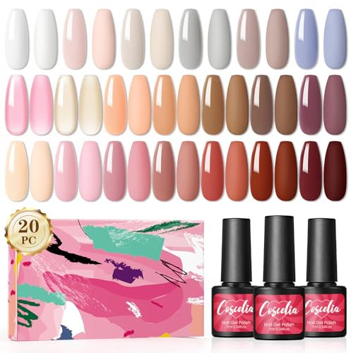COSCELIA UV Nagellack 20 Farben Gel Nagellack Soak-Off Gel Nail Polish Gellack UV Nagellack Nude Farben Gel Nägel Set Geschenk für Anfänger DIY Nailart zu Hause Nagelstudio Set