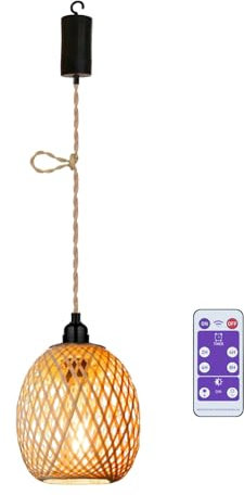 Bambus Rattan Hängelampe mit Batterie gedrehten Hanfseil Batteriebetriebene Lampe Boho Korb Lampenschirm Deckenleuchte ohne Strom Stromanschluss Beleuchtung für Schlafzimmer Weihnachten Deko