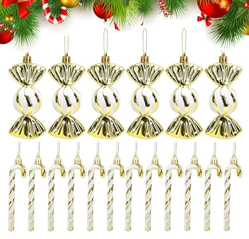 QYDMIN 18 Stück Zuckerstangen Weihnachten Deko Zuckerstangen Weihnachtsbaum,Weihnachtsbaumschmuck Gold und Weiß,Hängende Weihnachtsbaum Dekorationen Bonbon Ornamente für Weihnachts Party Deko