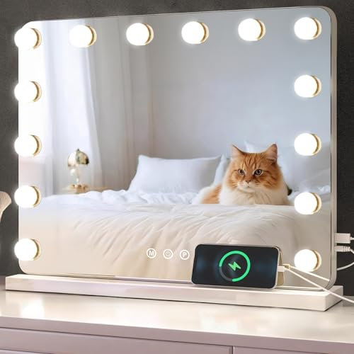 baklon Schminkspiegel mit Beleuchtung,Hollywood Spiegel mit 14 LED Licht Dimmbar Kosmetikspiegel 3 Modi,58 x 43 cm Vanity Spiegel Tischspiegel mit USB 10X Vergrößerung für Schlafzimmer Schminktisch