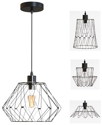 EMKE Pendelleuchte Pendellampe Hängelampe, Vintage Hängeleuchte Esszimmer Esstisch Lampenschirm Licht, E27 Lampe Hängend Küche Wohnzimmer Pendellampen Schwarz