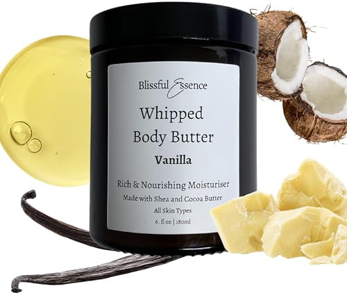 Vanilla Whipped Body Butter | All Natural Intense Moisturiser | Vitamin E, Shea & Cocoa Butter for All Skin Types, Glass Jar (180ml, Vanilla)