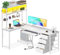 Coleshome Computer Desk with Drawers, 150x100 cm Corner Office Desk with LED Lights & Power Outlets, L Shaped Desks with Shelf & Keyboard Tray, White
