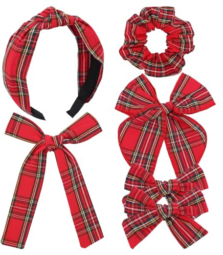 Set mit 6 Schottenkaro-Schleifen, Haarspangen für Babys, Mädchen und Mutter, kariert, Haargummis, schottisches Schottenkaro, für Schulmädchen (6 Stück, Rot mit Schottenkaro)