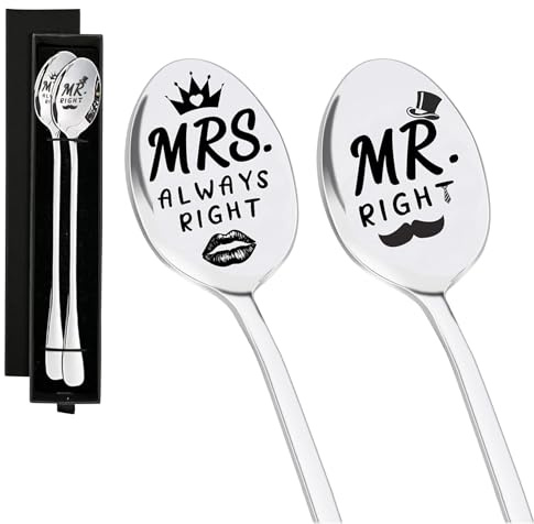 Hochzeitsgeschenke für Brautpaar, 2 Stück Mr & Mrs Löffel, Kaffeelöffel mit Gravur Mr Right Mrs Always Right, Hochzeit Geschenk für Couple, Paare Geschenk, Verlobungsgeschenk für Beide