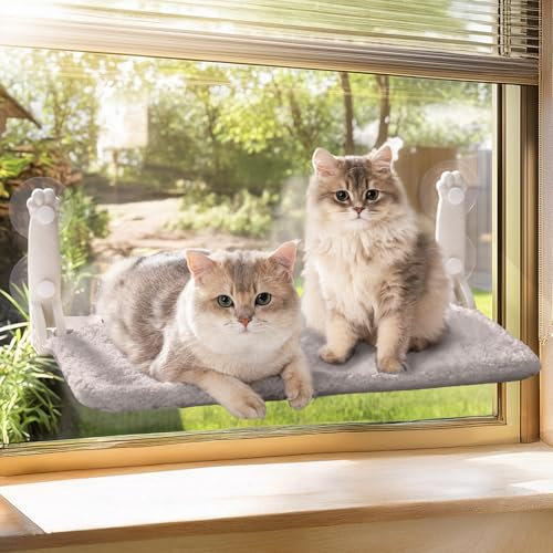 MEWOOFUN Hamac de fenêtre pour chat d'intérieur – Perchoir de fenêtre pliable avec tapis réversible, ventouses puissantes améliorées, robuste (gris, L)