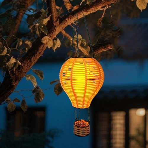 WRQIOO LED Solar Heißluftballon mit Flammeneffekt, Solar Hängelampe, Solarballon für Außen Hängend, Rattan Hängeleuchte Außen, Solarlampen für Au-ßen Hängend für Patio Yard Bauernhaus Garten Deko