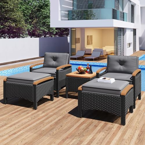 Gartenmöbel-Set 5-teilig mit Stuhl und Tisch Rattan Balkonset mit grauen Kissen Umwandelbar in EIN Loungesofa Tragkraft 160 kg Outdoor Sitzgruppe Schwarz