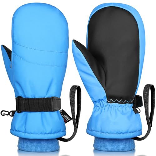 Odtmger Gants de Ski Mitaines étanches au Vent et à l'eau, Gants d'hiver écran Tactile avec Cordon Anti-Perte, équipement Grand Froid pour Parents et Enfants avec Bride Poignet