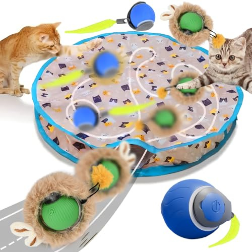 2 Pelotas Eléctricas Gatos con Alfombra de Juego, Juguete Interactivo para Gatos, Pelota de Juguete Inteligente USB Recargables, Bola de Juguete de Caza 360° Automáticas para GAtos de Interior/Gatitos