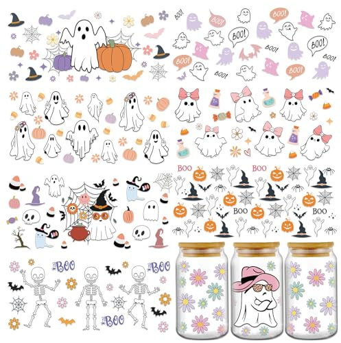 Eiapadeor Halloween Rub on Transfer Stickers - 8 Sheets Ghost Skeleton UV DTF Cup Wraps, Skull Pumpkin UVDTF Wraps, Waterproof Rub on Decals for Glass Cups, DIY Transfer Crafts