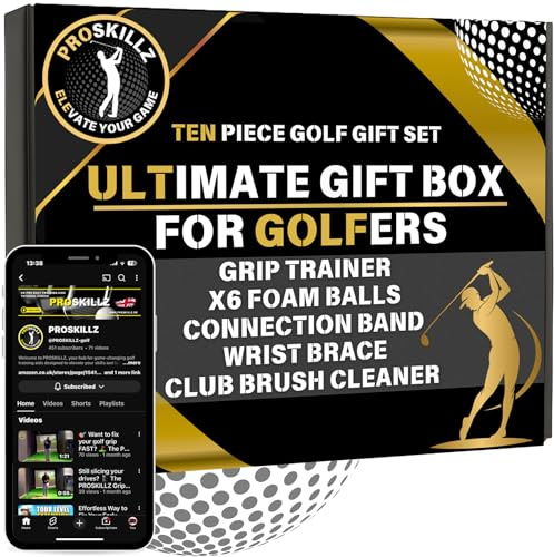 PROSKILLZ Golf Training Aid Box Set I Complete Swing, Grip & Wrist Practice Kit with Grip Trainer, Wrist Brace, Connection Band, Foam Practice Balls & Golf Club Groove Cleaner