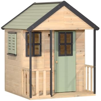 Wendi Toys M46 Kinderspielhaus Holz Outdoor, Garten Spielhaus für Kinder FSC Holz, 120×120×155 cm, mit Balkon, Tür, Regalfach, Fensterläden, Boden, wetterfest