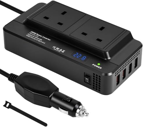 URAQT Power Inverter 200W, Car Voltage Converter DC 12V to AC 240V UK, Car Charger with 2 Sockets and 4 USB Ports Fast Charging Cars Plug Adapter for Laptops Cellphones Small Electronic Devices