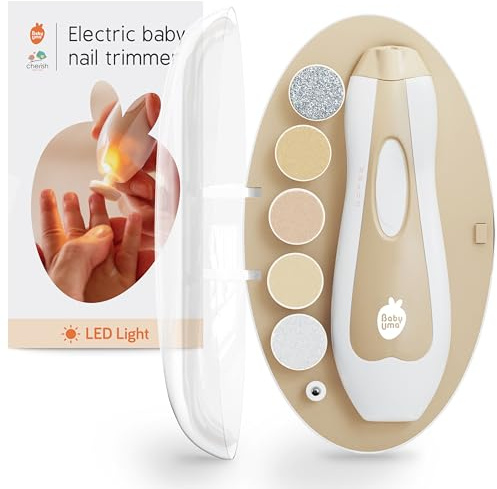 Cherish Baby Care Lima Uñas Eléctrica con Luz LED para Bebés - Lima Uñas Bebé con Parada Automática de Seguridad, Bidireccional con 2 Velocidades y 6 Limas, Cortaúñas Bebé (+ Estuche de Viaje)