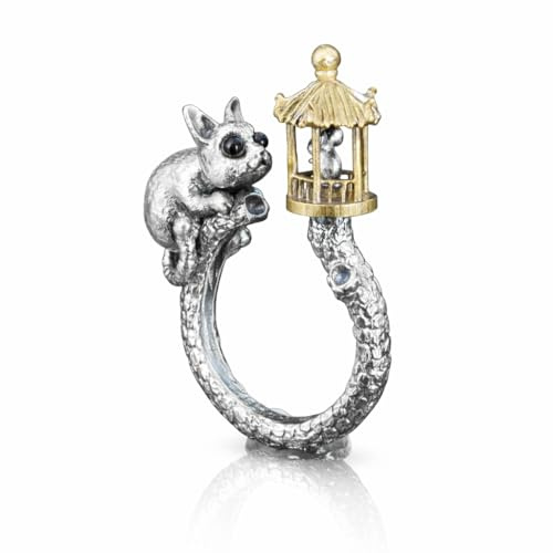 Verstellbarer Katzen Ring aus 925 Sterling Silber mit goldenem Käfig und Maus – Fantasy Tier Schmuck mit schwarzem Onyx Unisex