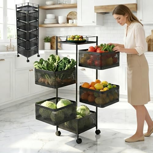 Gemüseregal Küchenwagen Universall multifunktionales Regal Küchen rollwagen Obstkorb Aufbewahrungsbehälter Obstwagen mit Rollen Küchenregal Organizer für Küche, Badezimmer und Büro Schwarz 5 Fächer