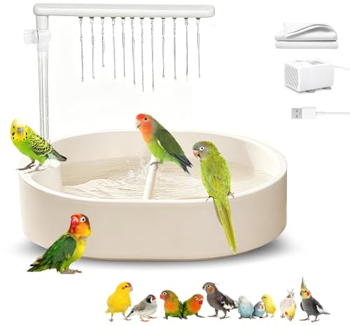 Parrot Vogelbadewanne mit automatischer Dusche, große Vogel-Duschfontäne für den Innenbereich mit fließendem Wasser, inklusive USB-Anschluss und Pumpe, für Ziervögel, Conures, Wellensittiche (Weiß)