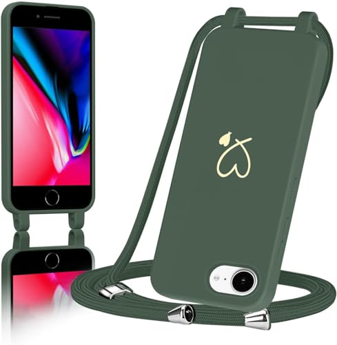 AoozeFon für iPhone 8/SE 2020/2022 Hülle mit Band, Handyhülle iPhone 7/6S mit Kordel zum Herz, Schutzhülle Handyband mit Umhängen Abnehmbare Weich TPU Liquid Silikon Bumper, Grün