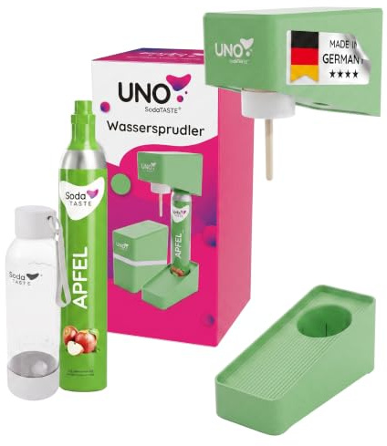 UNO Wassersprudler – modular & ohne Strom | kompatibel mit allen CO₂-Zylindern mit Standard-Drehgewinde | Set inkl. 1L-Wasserflasche & CO₂-Zylinder Apfel & Flaschentrockner (Apfelgrün)