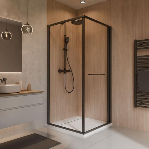 Schulte Sunny Schwenk-Schiebetür mit Seitenwand 90 x 90 cm, ESG Sicherheitsglas 6 mm, Fixil Antikalkbeschichtung, Aluminium Schwarz Matt, Duschkabine Eckeinstieg