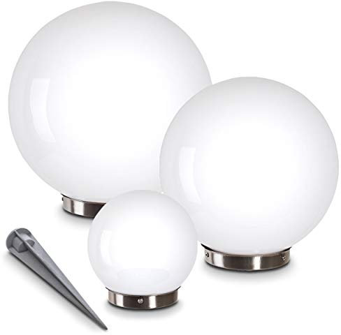 Solarleuchte Nassau, Kugellampe 3er Set, Kugelleuchten aus weißem Kunststoff, Ø 15, 20 und 25 cm mit Erdspiess, Außenleuchten mit Ein/Aus-Schalter, Solarlampen mit Dämmerungsschalter