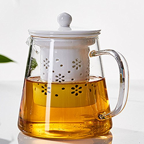 TAMUME 500ml Glass Teapot with White Porcelain Teapot Strainer (White)