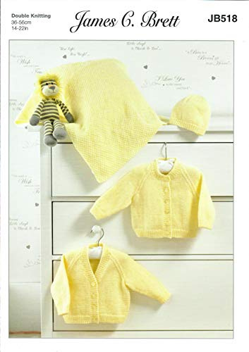 James Brett Double Knitting Pattern Baby Round or V Neck Cardigan Blanket & Hat (JB518)