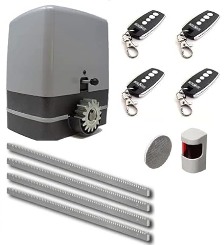 Kit completo motor corredera CARRERA 800KG con 4 metros de cremallera de acero + 4 mandos a distancia TX4 + sensor de reflexión. Para automatizar puertas y cancelas correderas de garaje y parking.