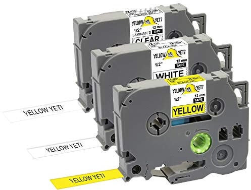 Yellow Yeti 3 Schriftbander TZe-131 TZe-231 TZe-631 12mm x 8m schwarz auf transparent weiß gelb Etikettenbänd kompatibel für P-Touch PT-1000 1005 H100 H101C D210VP D400 D600VP P700 P750W CUBE