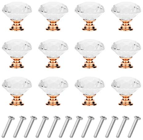 D-buy 12 Pack 30mm Schrank Knöpfe Schublade zieht Schublade Knöpfe Kommode Knöpfe Diamant geformt Kristallglas mit Schrauben (Rose Gold)