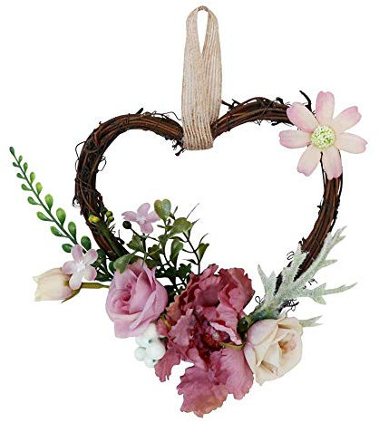 Wankd Künstliche Kränze, Rattan Blumenherz mit Rose Kunstblumen Rattanherz Herz Dekoration Blumen Blütenkranz Blumenkranz Wandkranz Türkranz Anemonen Pulver Ø ca.15 cm