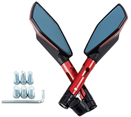Universelle Motorrad spiegel, Blaues Glas Anti-Schwindel-CNC-Rückspiegel mit Schrauben 8 mm 10 mm (Rot)