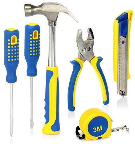com-four® 6-teiliges Werkzeug-Set mit Maßband, Cuttermesser, Schraubendreher, Hammer und Zange - Ideal für unterwegs und zum Basteln (6-teilig - Werkzeugset)