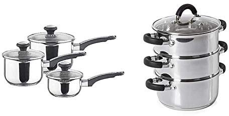 Prestige - Everyday - 3pc Saucepan Set with Lids & Tower Essentials Steamer Pans 3 Tier with Glass Lid, Silicone Handles, Stainless Steel, Steamer Cooking, Polished Mirror Finish, 18 cm