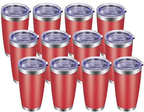 VEGOND 20oz Tumbler with Lid and Straw Stainless Steel Tumbler Cup Bulk Vacuum Insulated Double Wall Travel Coffee Mug Powder Coated Coffee Cup(Powder Red 12 Pack